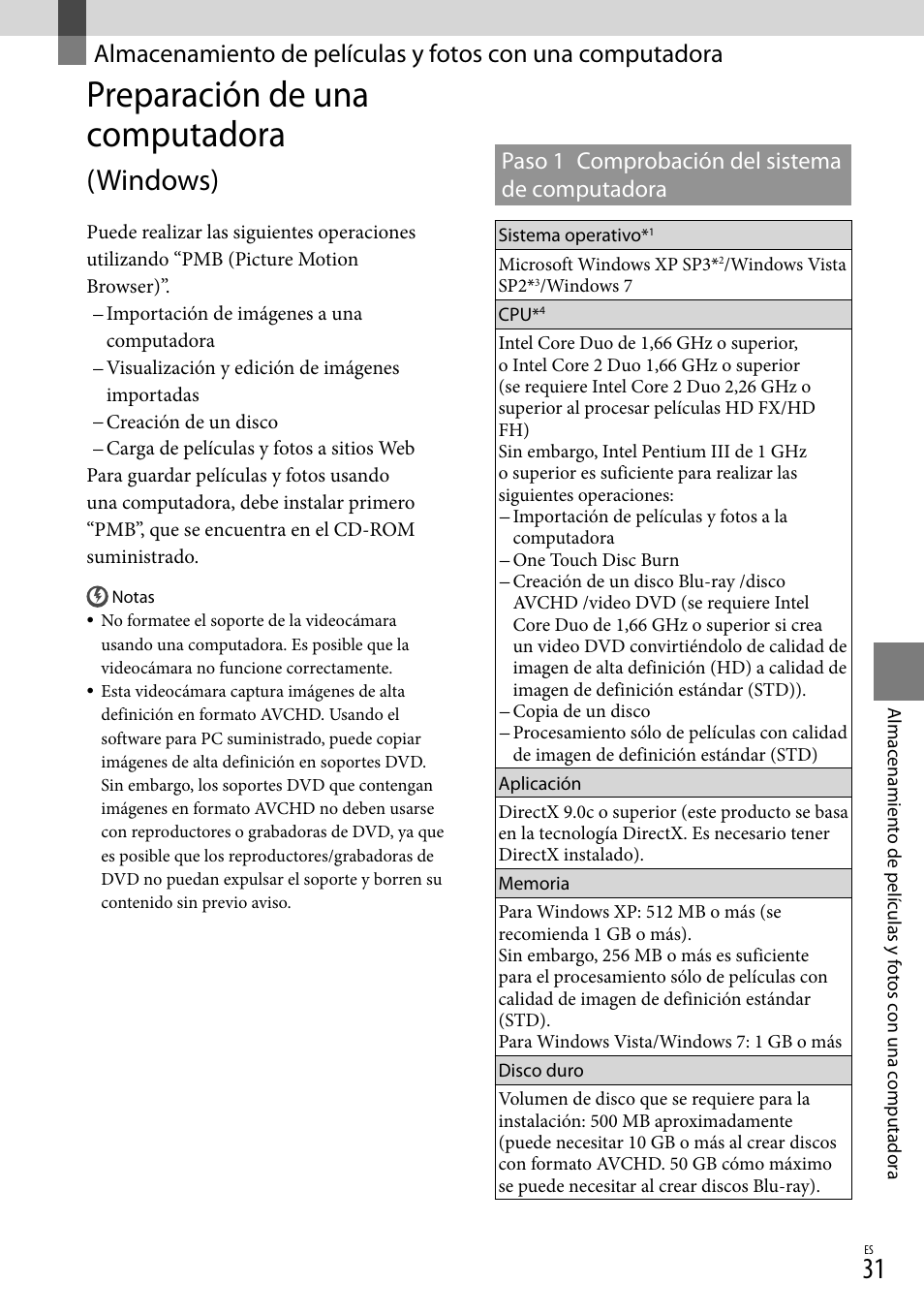 Preparación de una computadora, Windows), Preparación de una computadora (windows) | Paso 1 comprobación del sistema de computadora | Sony HDR-CX110 User Manual | Page 107 / 151