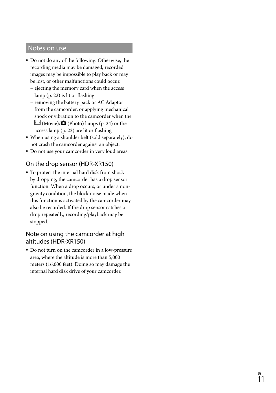 On the drop sensor (hdr-xr150) | Sony HDR-CX110 User Manual | Page 11 / 151