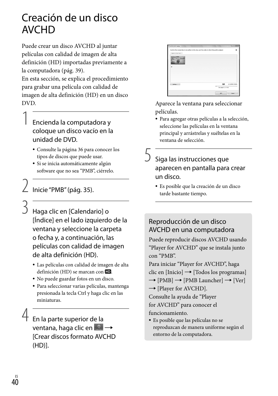 Creación de un disco avchd, Reproducción de un disco avchd en una computadora | Sony HDR-CX110 User Manual | Page 116 / 151