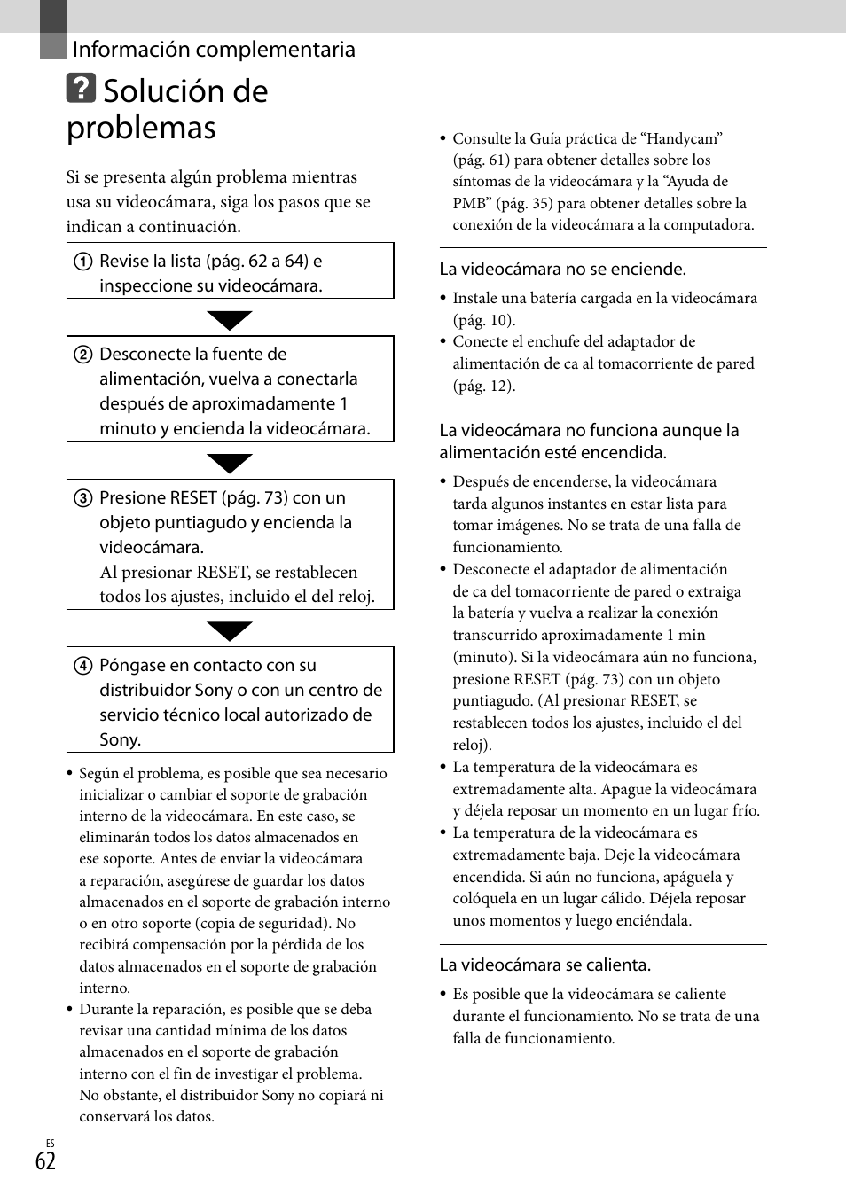 Información complementaria, Solución de problemas | Sony HDR-CX110 User Manual | Page 138 / 151