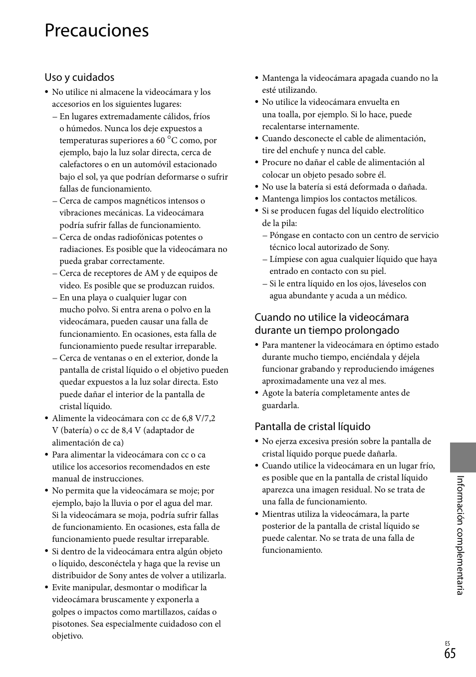 Precauciones, Uso y cuidados, Pantalla de cristal líquido | Sony HDR-CX110 User Manual | Page 141 / 151