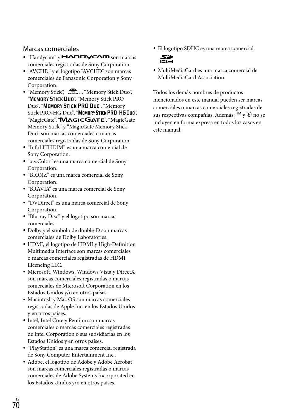 Marcas comerciales | Sony HDR-CX110 User Manual | Page 146 / 151