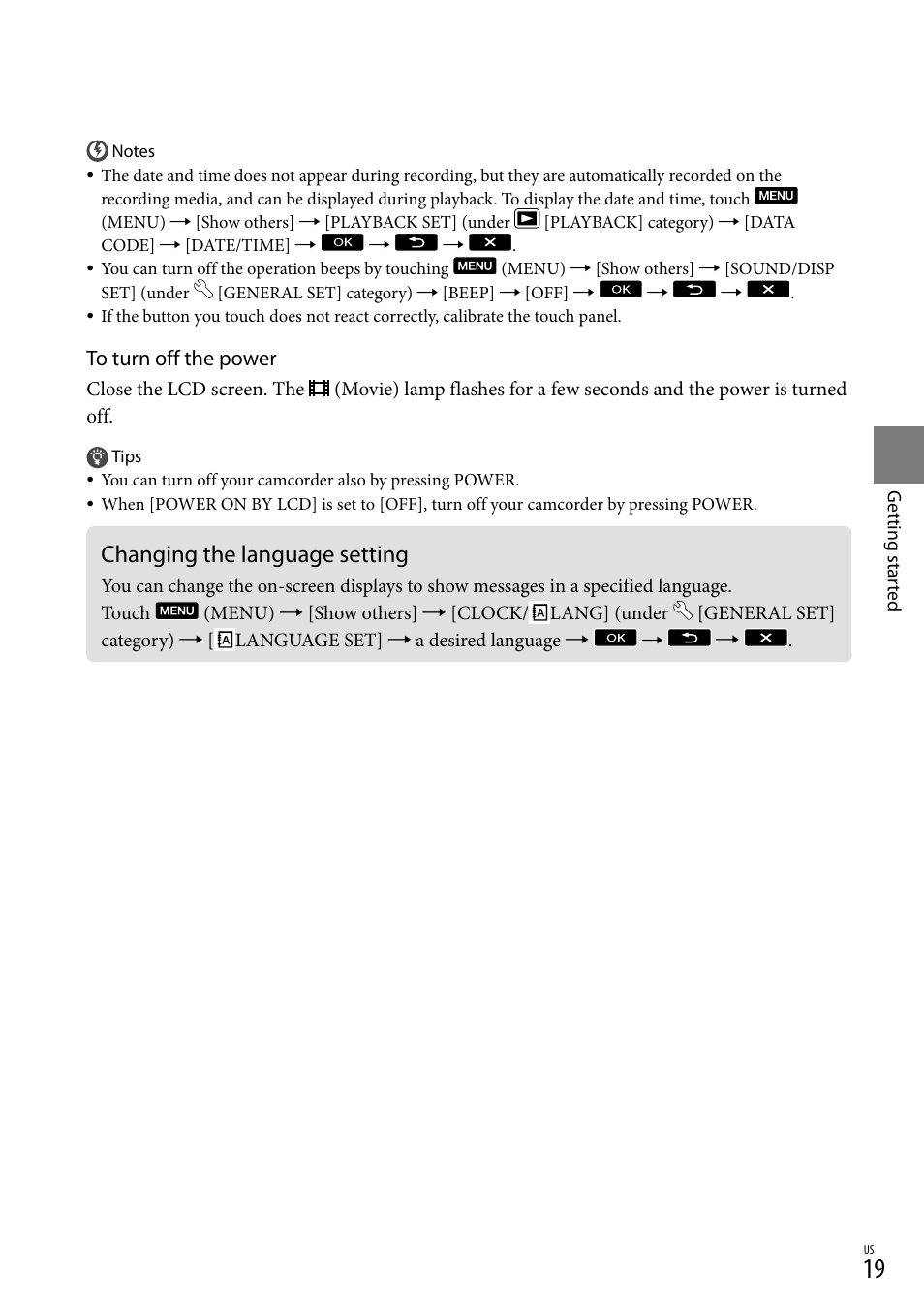Changing the language setting | Sony HDR-CX110 User Manual | Page 19 / 151