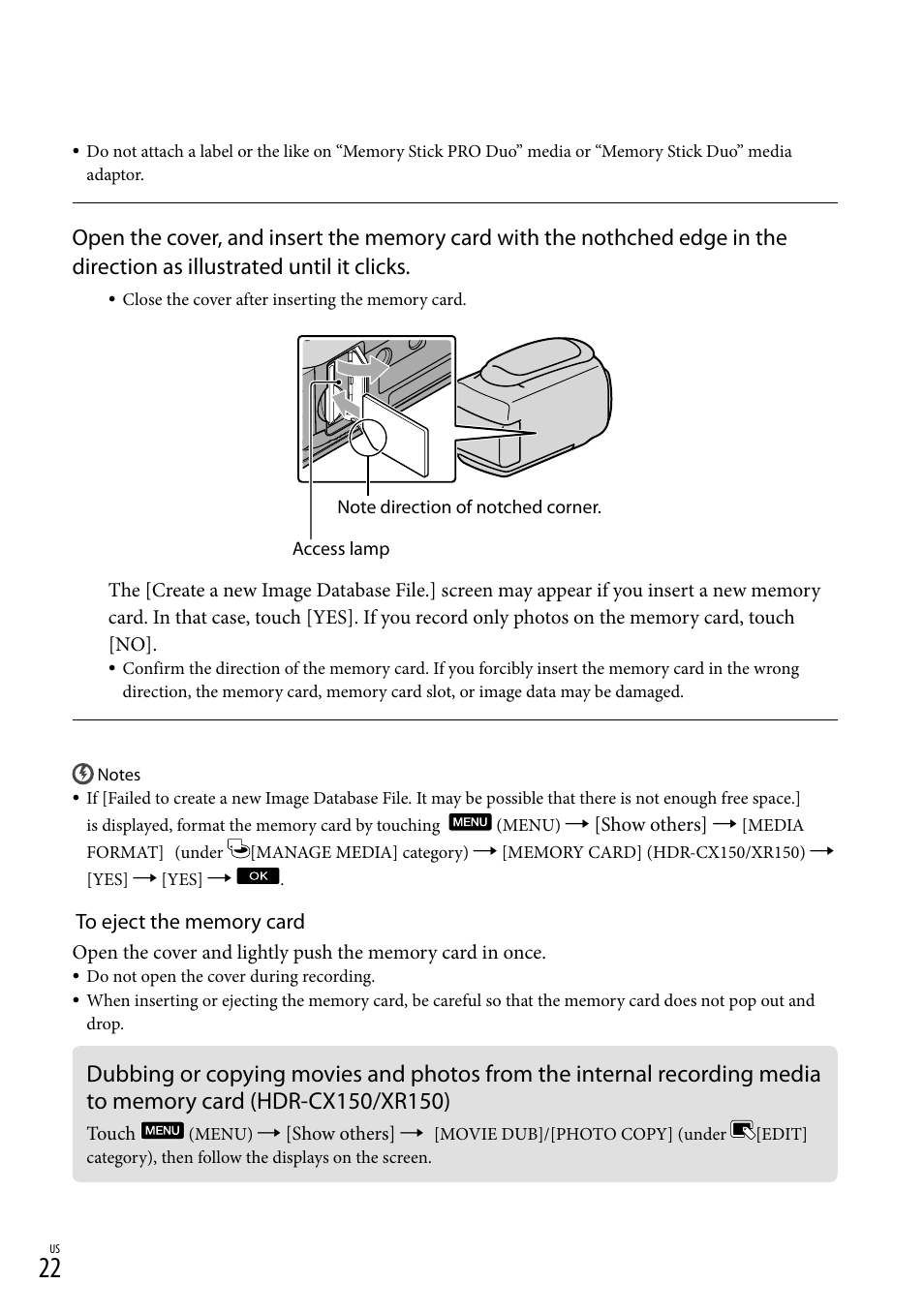 To memory card (hdr-cx150/xr150) | Sony HDR-CX110 User Manual | Page 22 / 151