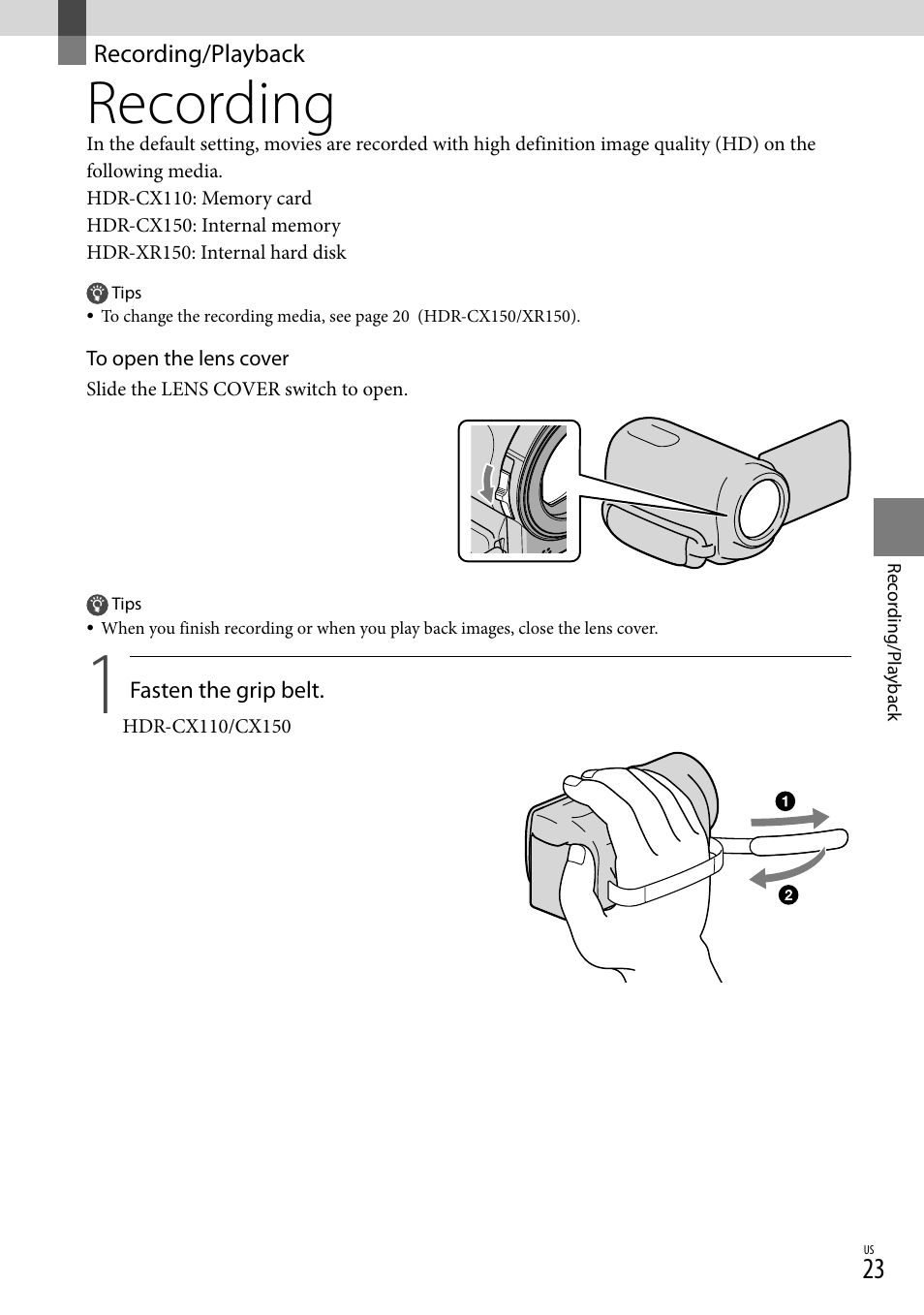 Recording/playback, Recording | Sony HDR-CX110 User Manual | Page 23 / 151