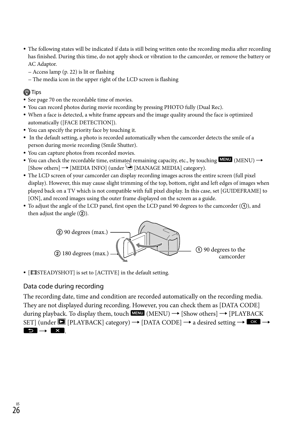 Data code during recording | Sony HDR-CX110 User Manual | Page 26 / 151