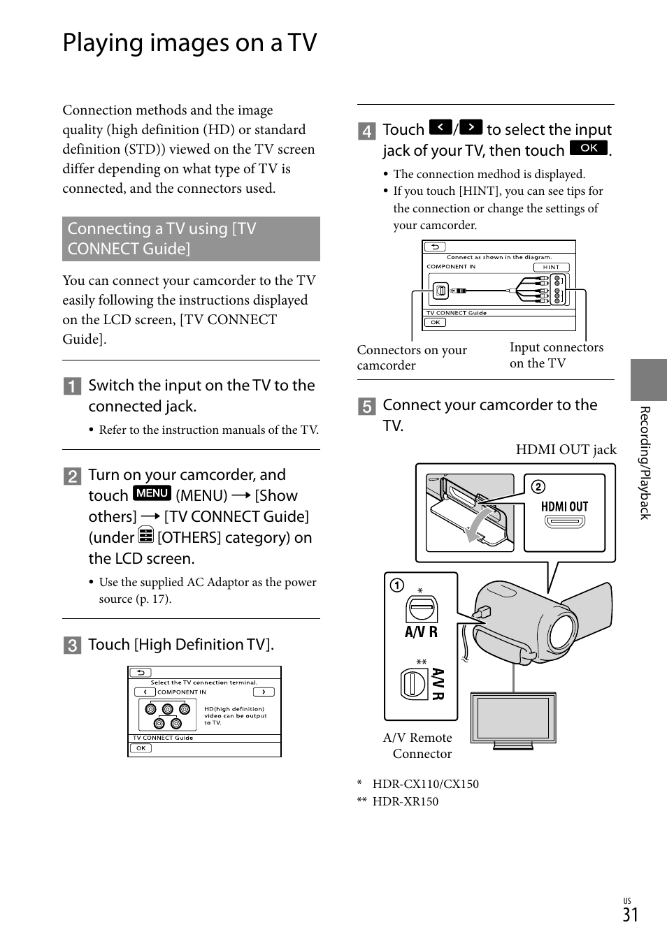 Playing images on a tv | Sony HDR-CX110 User Manual | Page 31 / 151