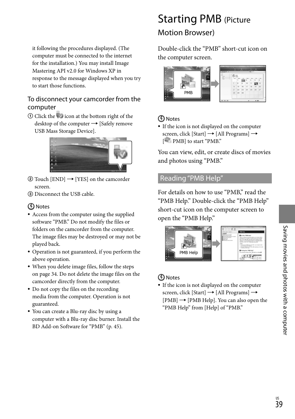Starting pmb (picture motion browser), Starting pmb, Picture motion browser) | Reading “pmb help | Sony HDR-CX110 User Manual | Page 39 / 151