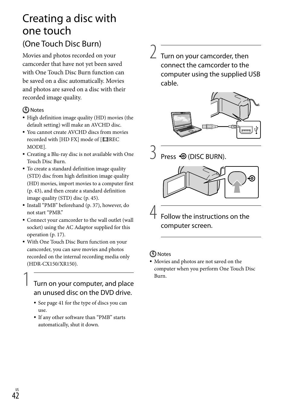 Creating a disc with one touch, One touch disc burn) | Sony HDR-CX110 User Manual | Page 42 / 151