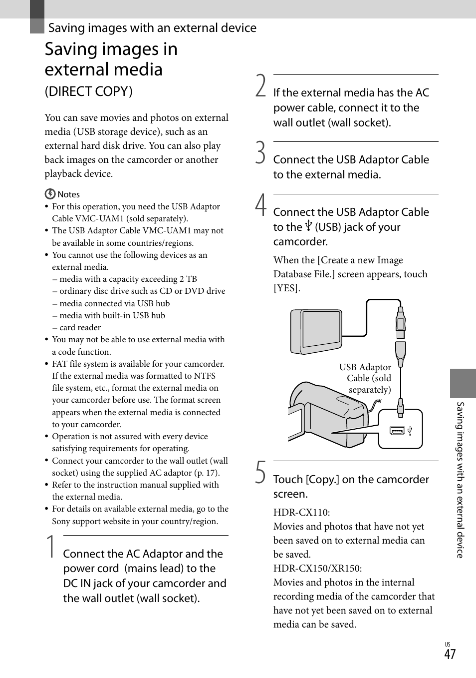 Saving images with an external device, Saving images in external media (direct copy), Saving images in external media | Direct copy) | Sony HDR-CX110 User Manual | Page 47 / 151