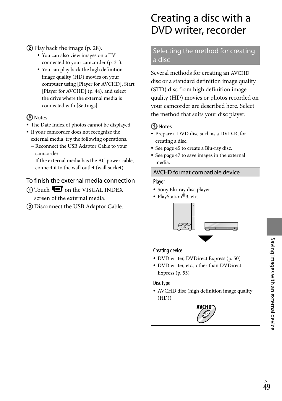 Creating a disc with a dvd writer, recorder, Selecting the method for creating a disc | Sony HDR-CX110 User Manual | Page 49 / 151
