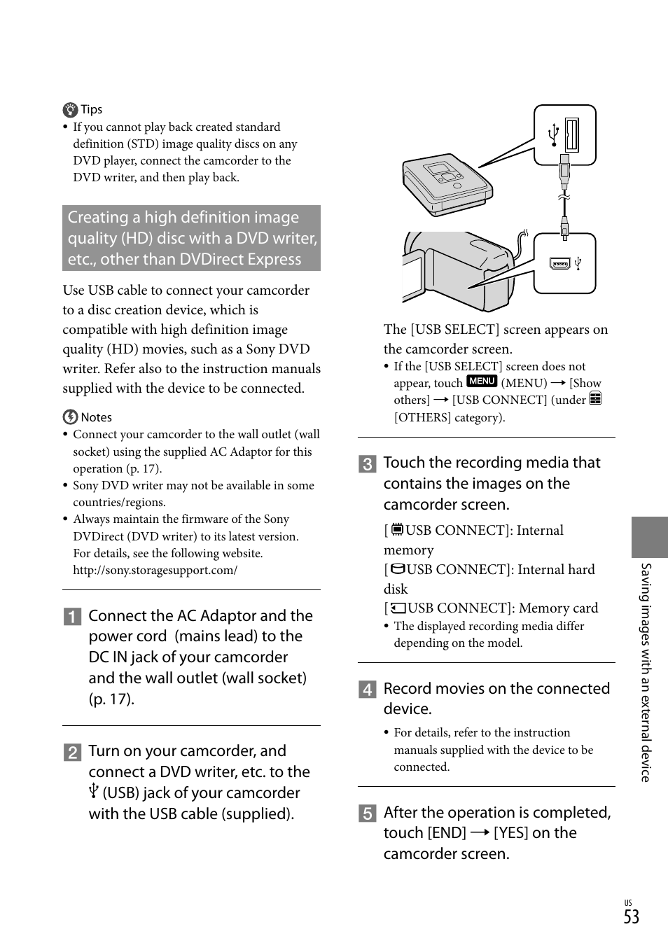 Record movies on the connected device | Sony HDR-CX110 User Manual | Page 53 / 151