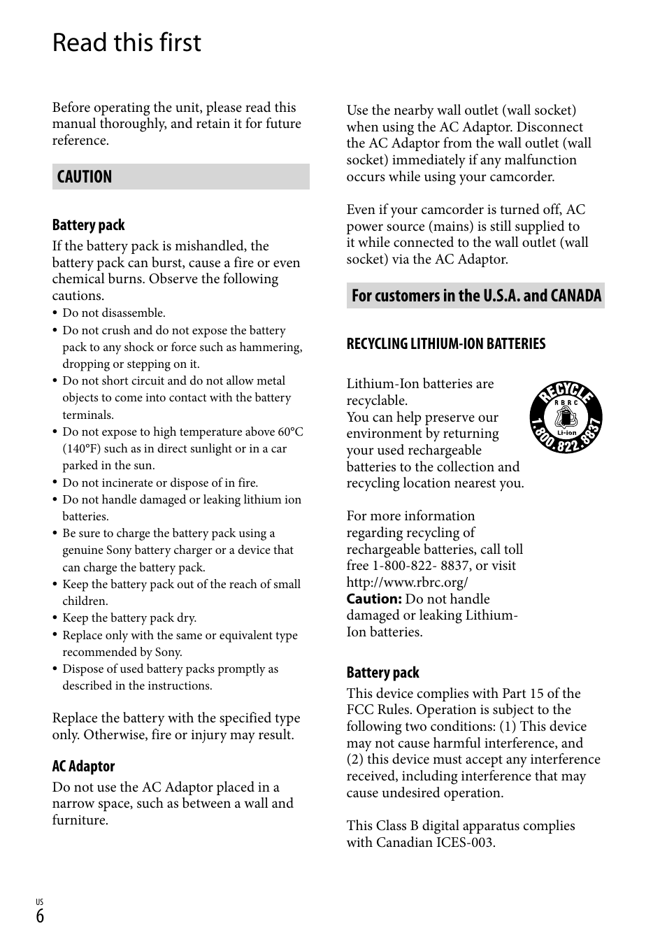 Read this first, Caution, For customers in the u.s.a. and canada | Sony HDR-CX110 User Manual | Page 6 / 151