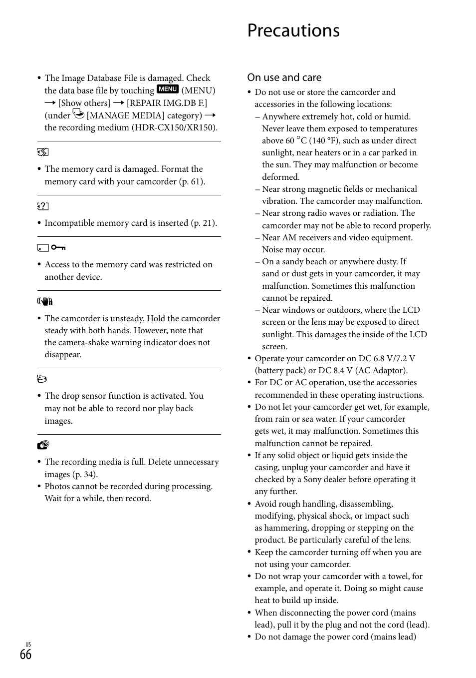 Precautions, O 66), and, On use and care | Sony HDR-CX110 User Manual | Page 66 / 151