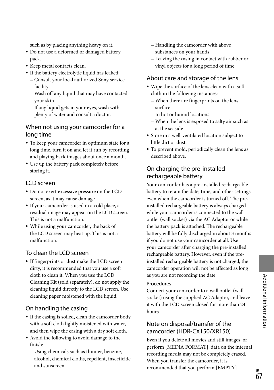 About care and storage of the lens, On charging the pre-installed rechargeable battery, When not using your camcorder for a long time | Lcd screen, On handling the casing | Sony HDR-CX110 User Manual | Page 67 / 151