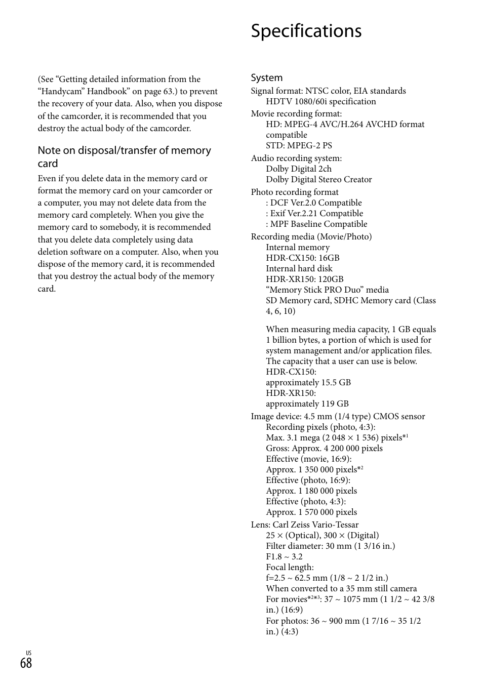 Specifications | Sony HDR-CX110 User Manual | Page 68 / 151