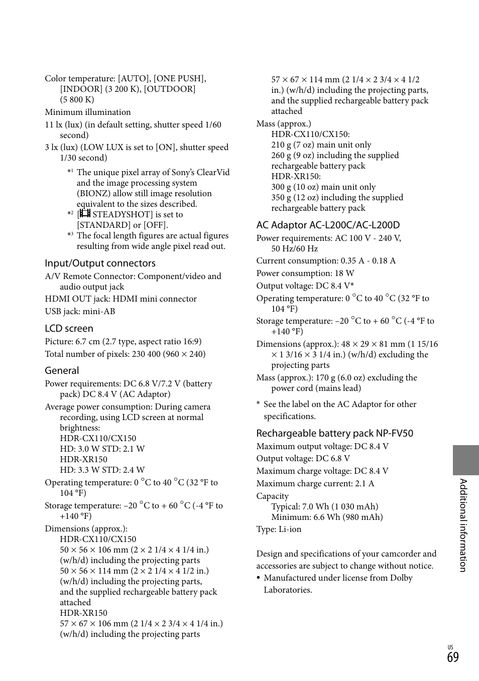 Rechargeable battery pack np-fv50, Input/output connectors, Lcd screen | General | Sony HDR-CX110 User Manual | Page 69 / 151
