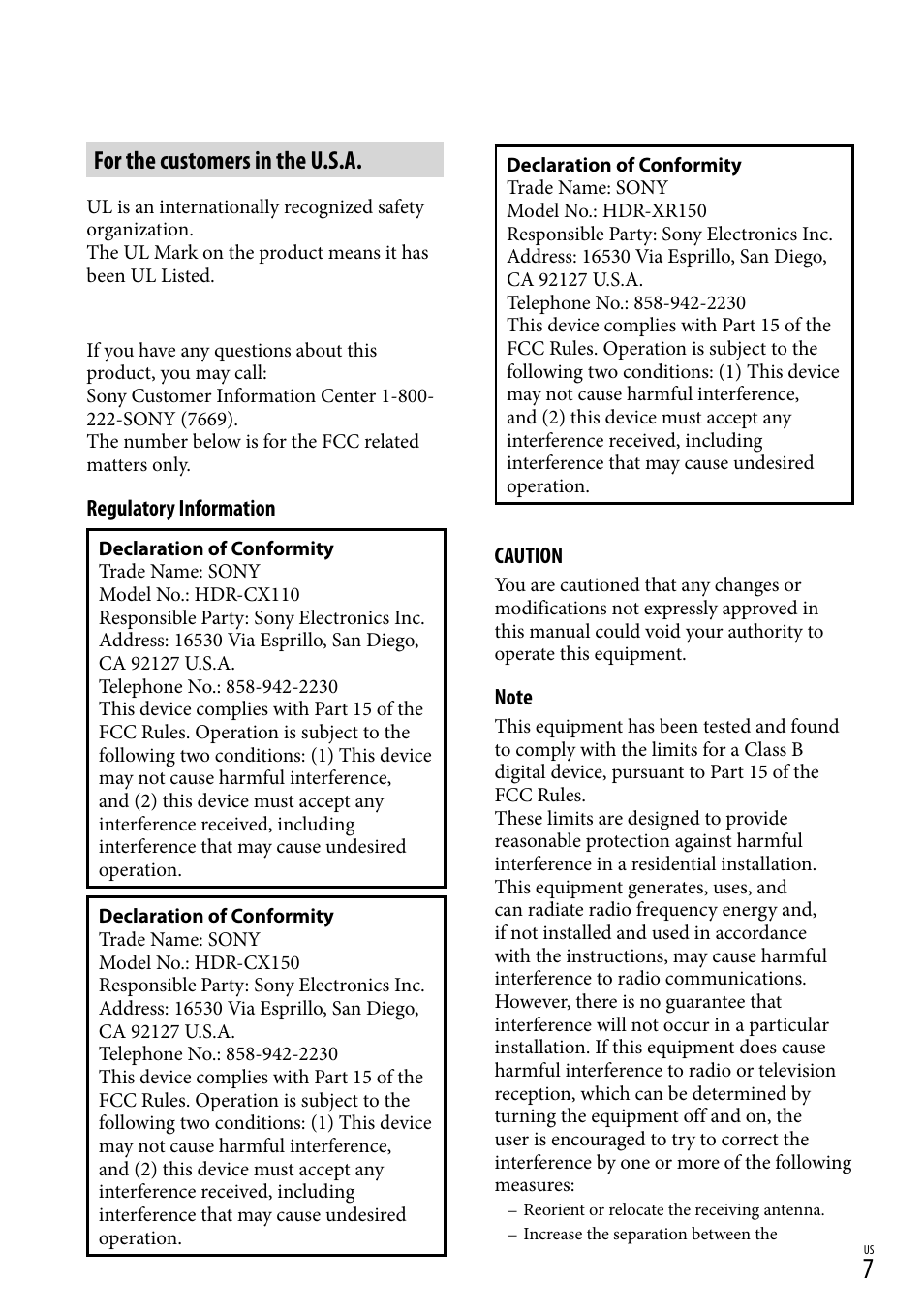For the customers in the u.s.a | Sony HDR-CX110 User Manual | Page 7 / 151