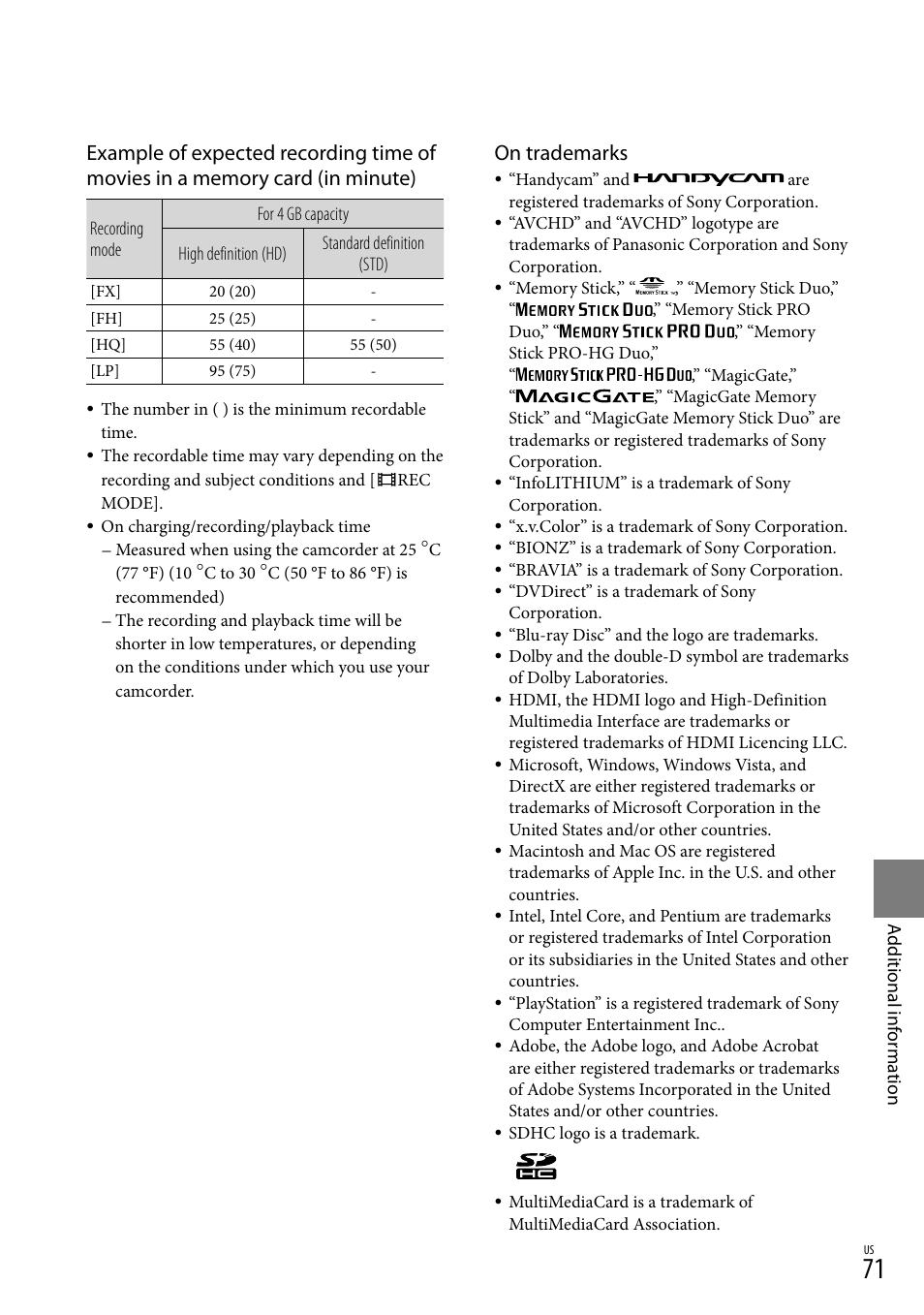 On trademarks | Sony HDR-CX110 User Manual | Page 71 / 151