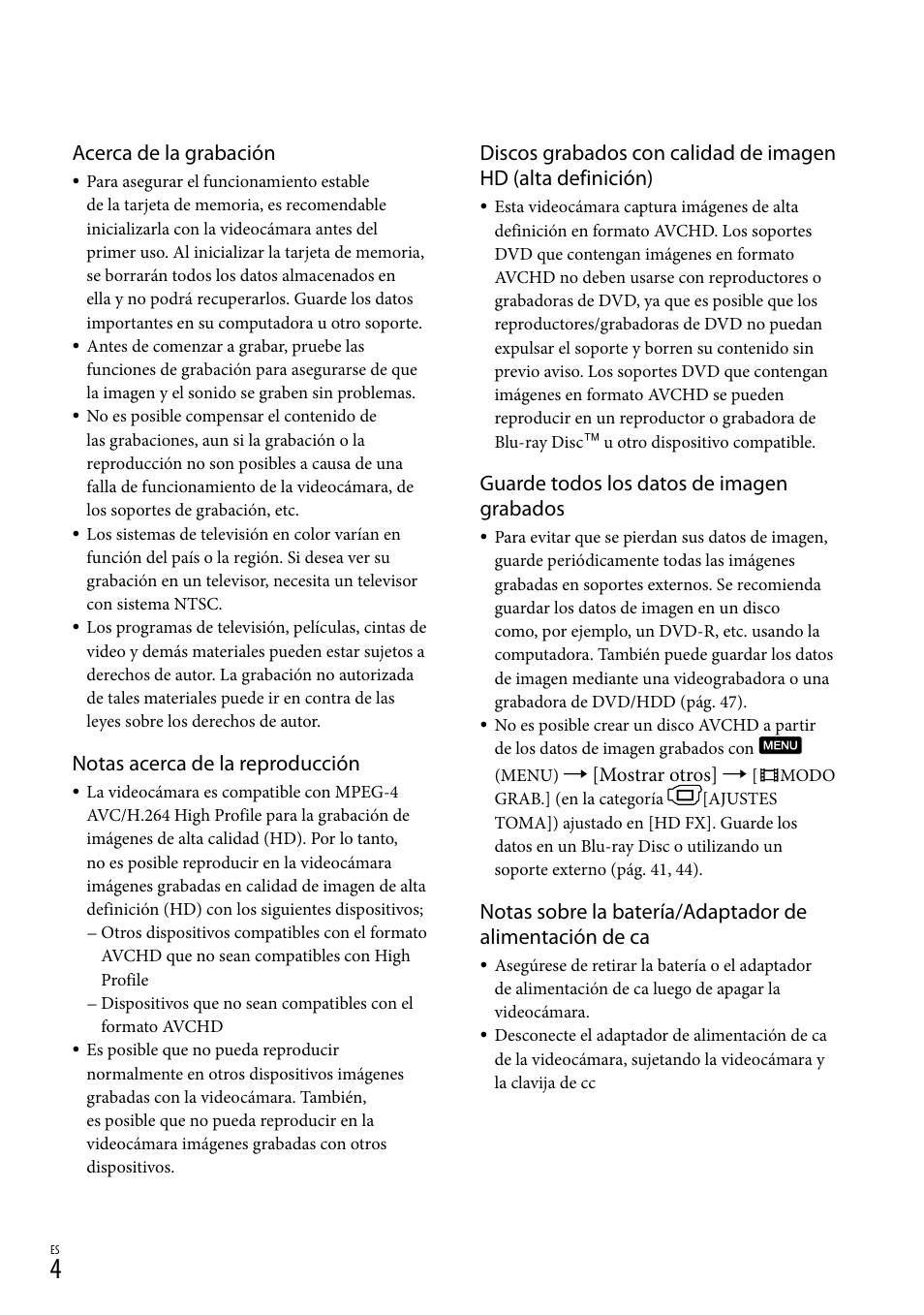 Acerca de la grabación, Notas acerca de la reproducción, Guarde todos los datos de imagen grabados | Sony HDR-CX110 User Manual | Page 80 / 151