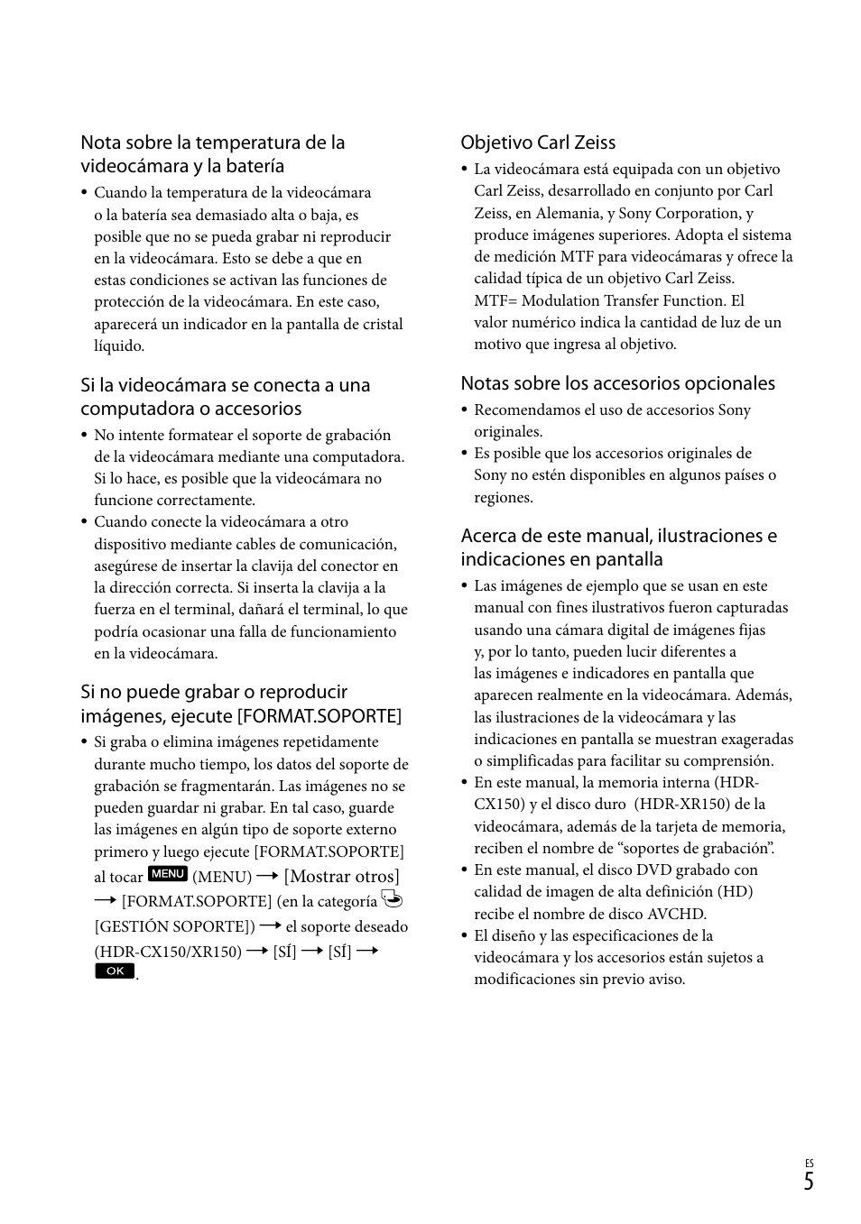 Objetivo carl zeiss, Notas sobre los accesorios opcionales | Sony HDR-CX110 User Manual | Page 81 / 151