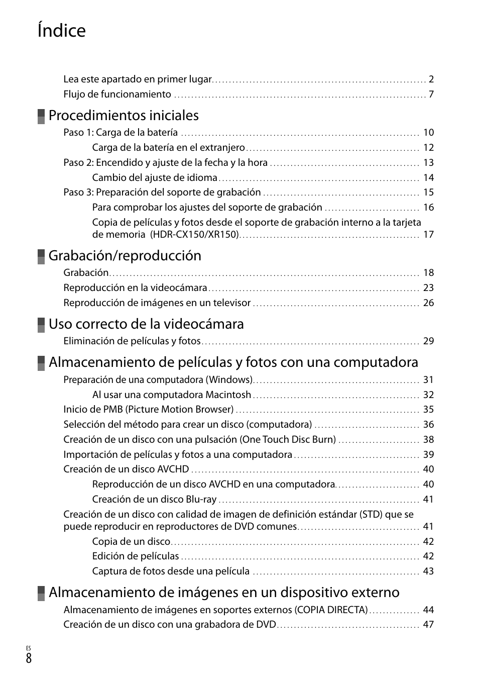 Índice, Procedimientos iniciales, Grabación/reproducción | Uso correcto de la videocámara | Sony HDR-CX110 User Manual | Page 84 / 151