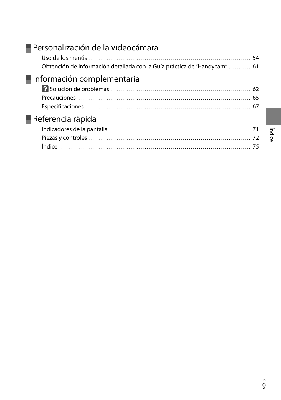 Personalización de la videocámara, Información complementaria, Referencia rápida | Sony HDR-CX110 User Manual | Page 85 / 151