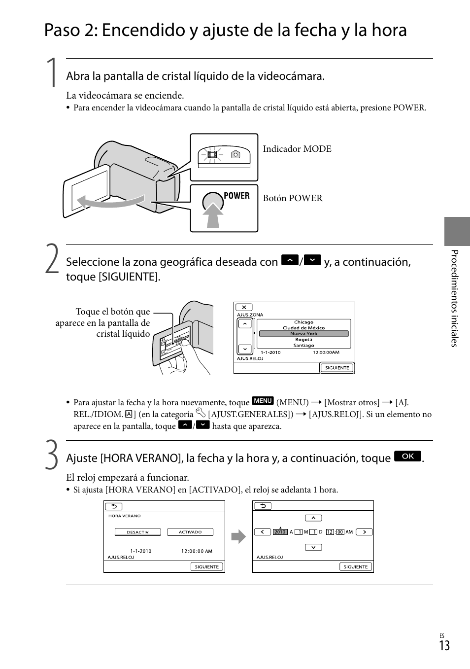 Paso 2: encendido y ajuste de la fecha y la hora | Sony HDR-CX110 User Manual | Page 89 / 151