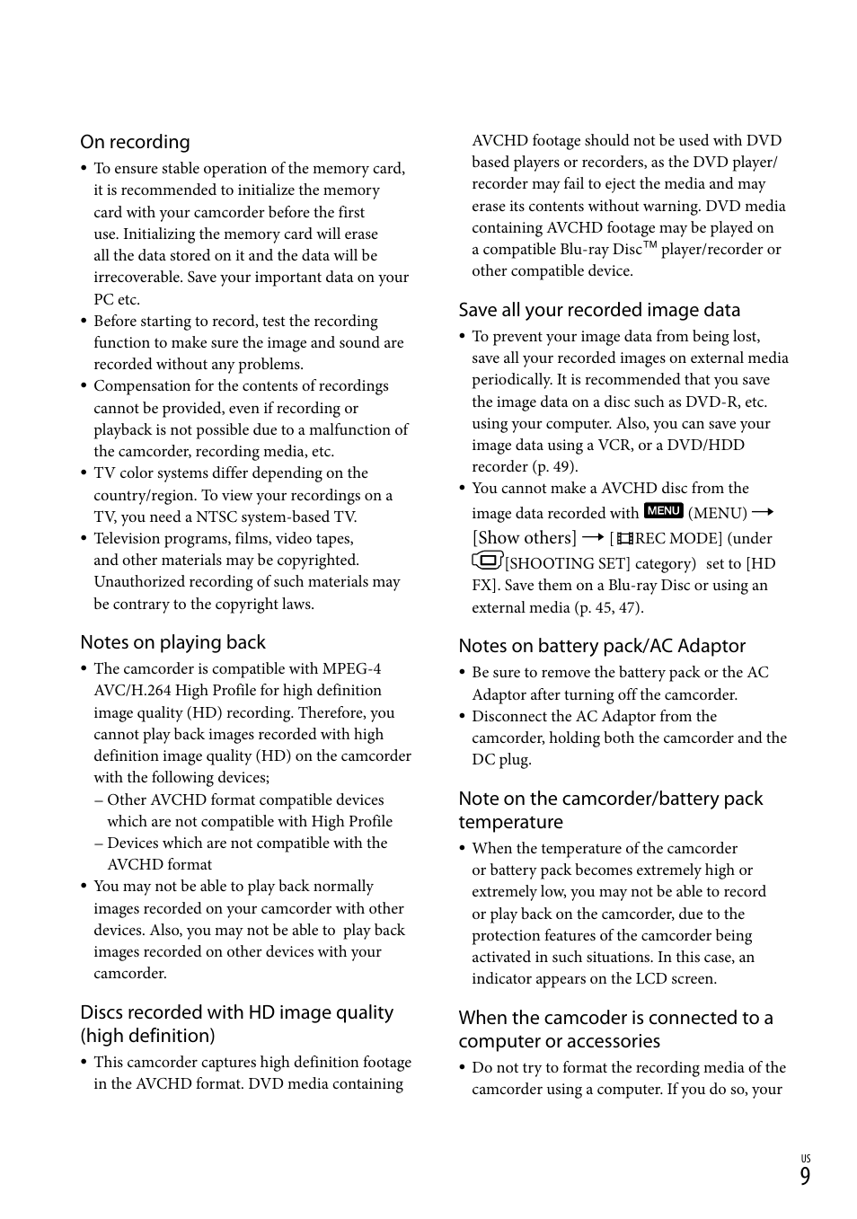 On recording, Save all your recorded image data | Sony HDR-CX110 User Manual | Page 9 / 151