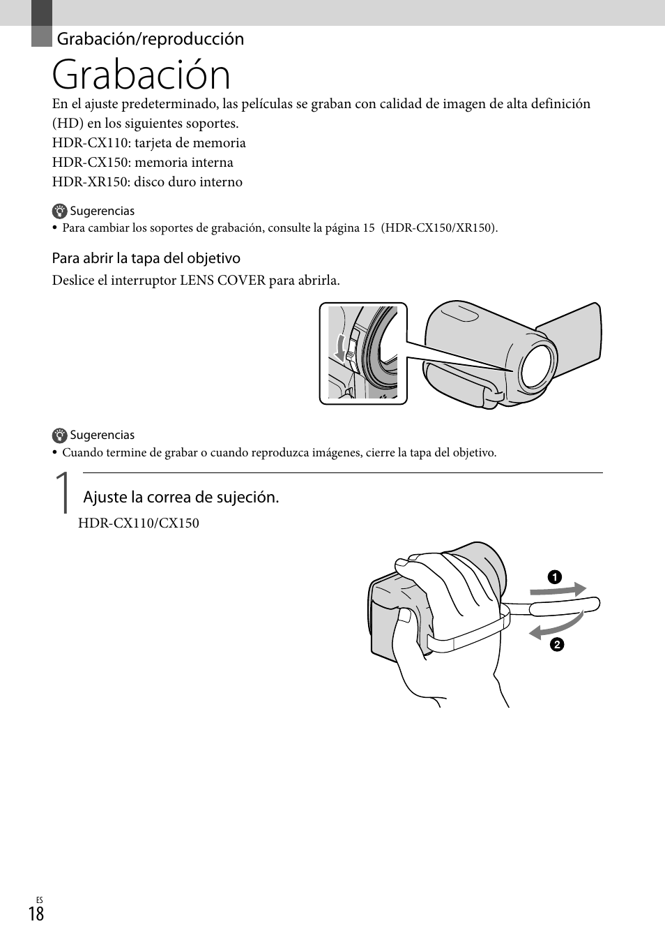 Grabación/reproducción, Grabación | Sony HDR-CX110 User Manual | Page 94 / 151
