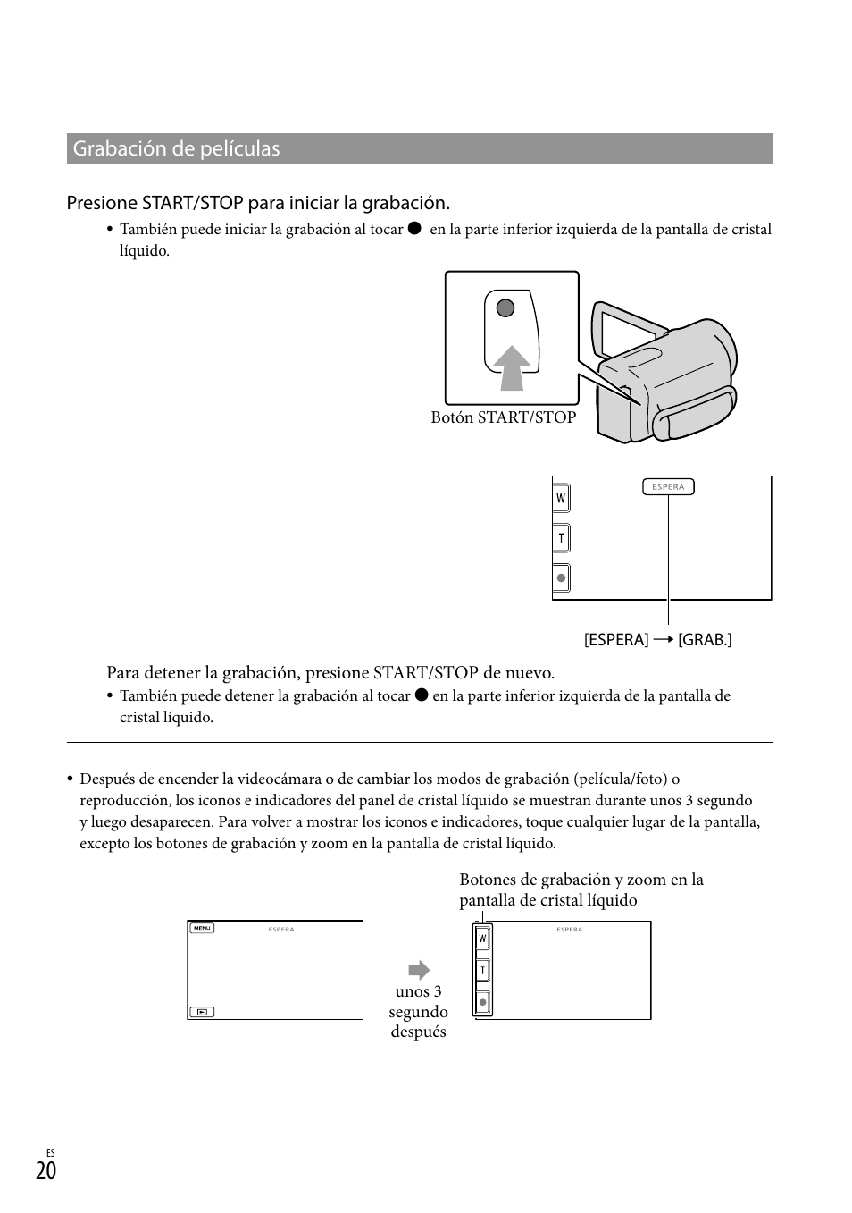 Grabación de películas, Presione start/stop para iniciar la grabación | Sony HDR-CX110 User Manual | Page 96 / 151