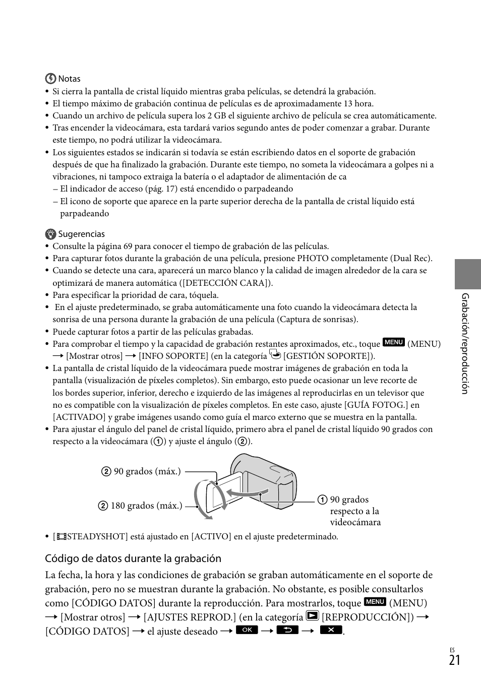Código de datos durante la grabación | Sony HDR-CX110 User Manual | Page 97 / 151