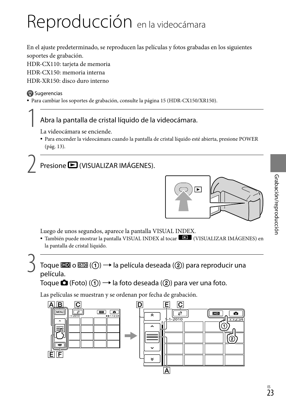Reproducción en la videocámara, Reproducción, En la videocámara | Sony HDR-CX110 User Manual | Page 99 / 151