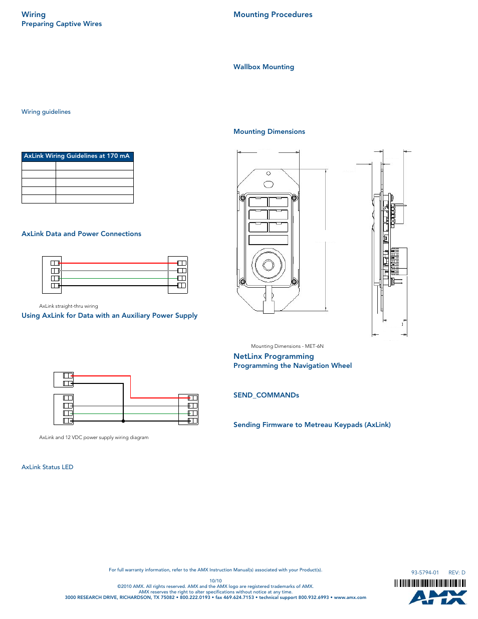 Wiring, Preparing captive wires, Wiring guidelines | Axlink data and power connections, Axlink status led, Mounting procedures, Wallbox mounting, Mounting dimensions, Netlinx programming, Programming the navigation wheel | AMX MET-6N User Manual | Page 2 / 2