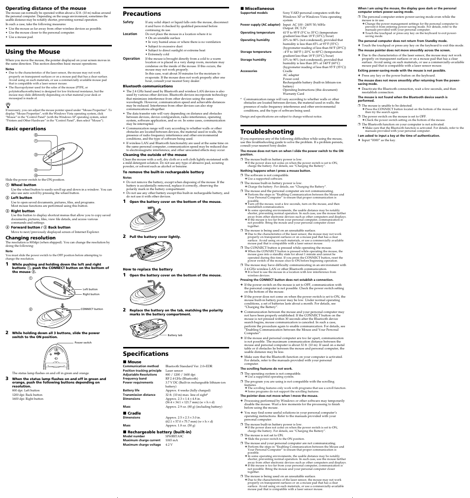 Using the mouse, Precautions, Specifications | Troubleshooting | Sony VGP-BMS77 User Manual | Page 2 / 2