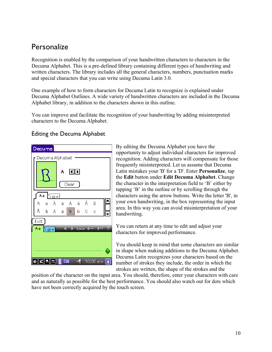 Personalize, Editing the decuma alphabet | Sony PEG-NX80V User Manual | Page 10 / 18