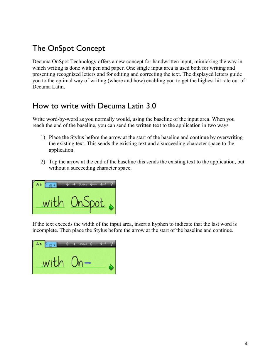 The onspot concept, How to write with decuma latin 3.0 | Sony PEG-NX80V User Manual | Page 4 / 18