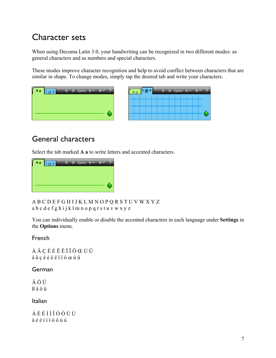 Character sets, General characters, French | German, Italian, French german italian | Sony PEG-NX80V User Manual | Page 7 / 18