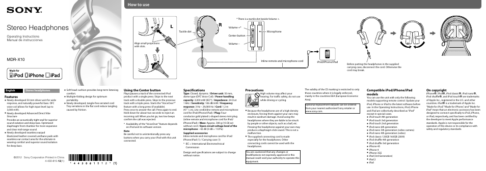 Sony MDR-X10 User Manual | 2 pages