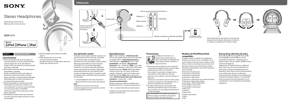 Stereo headphones, Utilización, Mdr-x10 | Sony MDR-X10 User Manual | Page 2 / 2