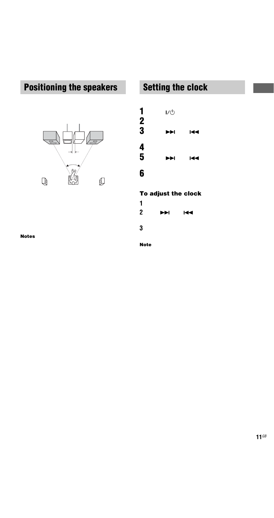 Positioning the speakers, Setting the clock, Positioning the speakers setting the clock | Sony MHC-GX9000 User Manual | Page 11 / 48