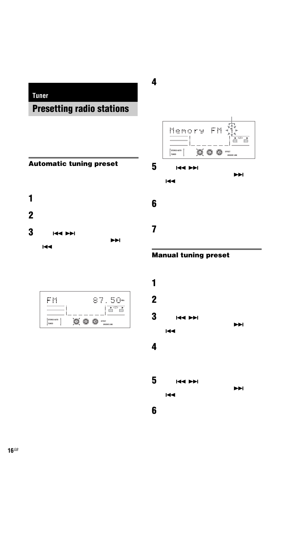 Tuner, Presetting radio stations, Automatic tuning preset | Manual tuning preset | Sony MHC-GX9000 User Manual | Page 16 / 48