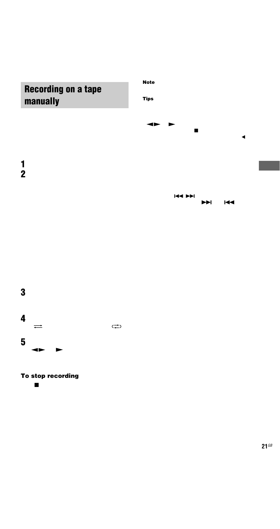 Recording on a tape manually, Manual recording | Sony MHC-GX9000 User Manual | Page 21 / 48