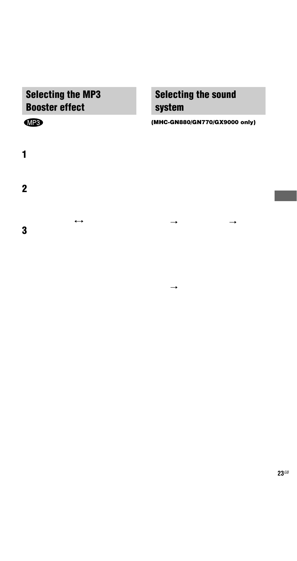 Selecting the mp3 booster effect, Selecting the sound system, Mhc-gn880/gn770/gx9000 only) | Sony MHC-GX9000 User Manual | Page 23 / 48