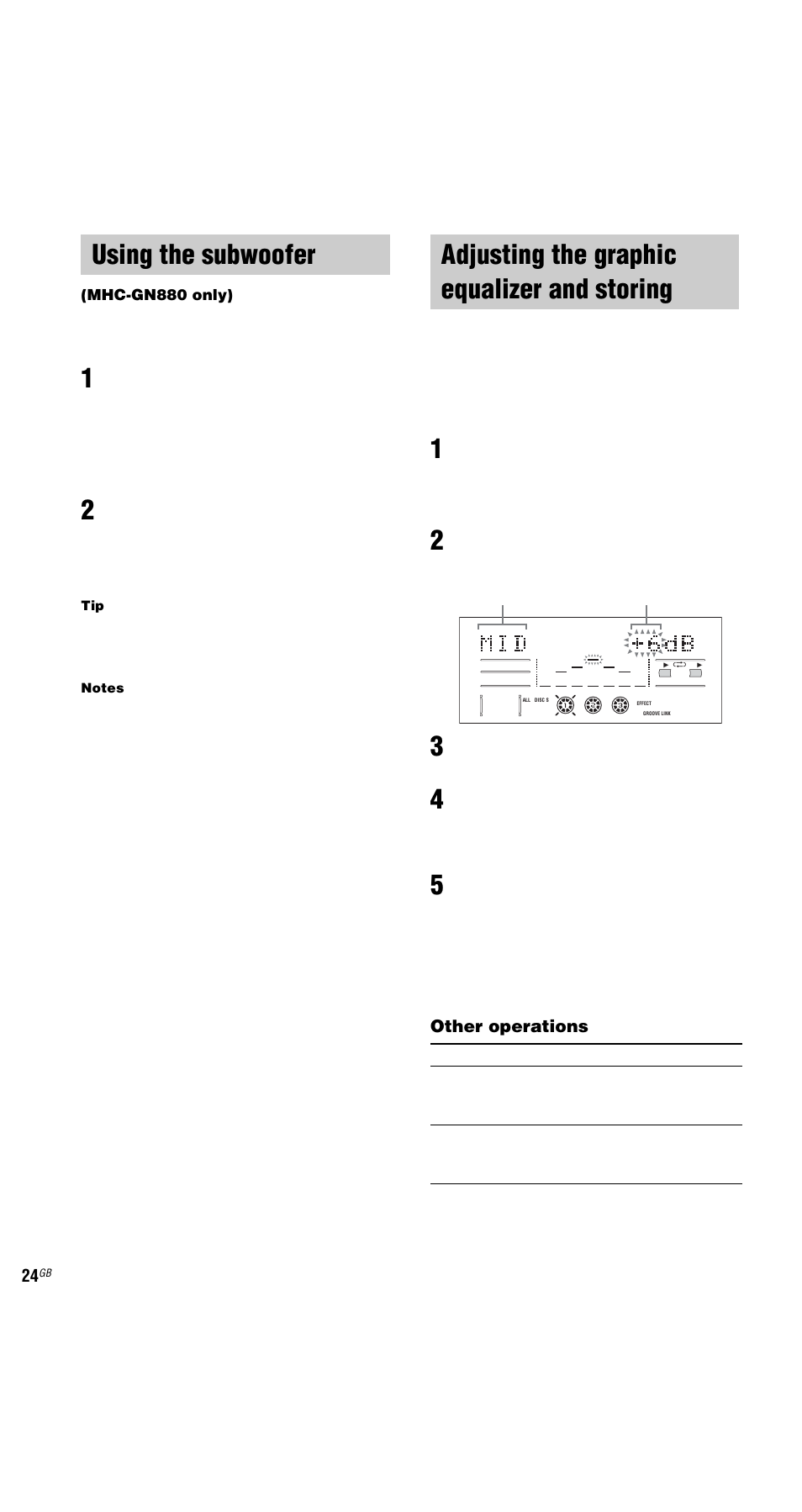 Using the subwoofer, Adjusting the graphic equalizer and storing, Personal file | Mhc-gn880 only), Adjusting the graphic equalizer and, Storing — personal file | Sony MHC-GX9000 User Manual | Page 24 / 48