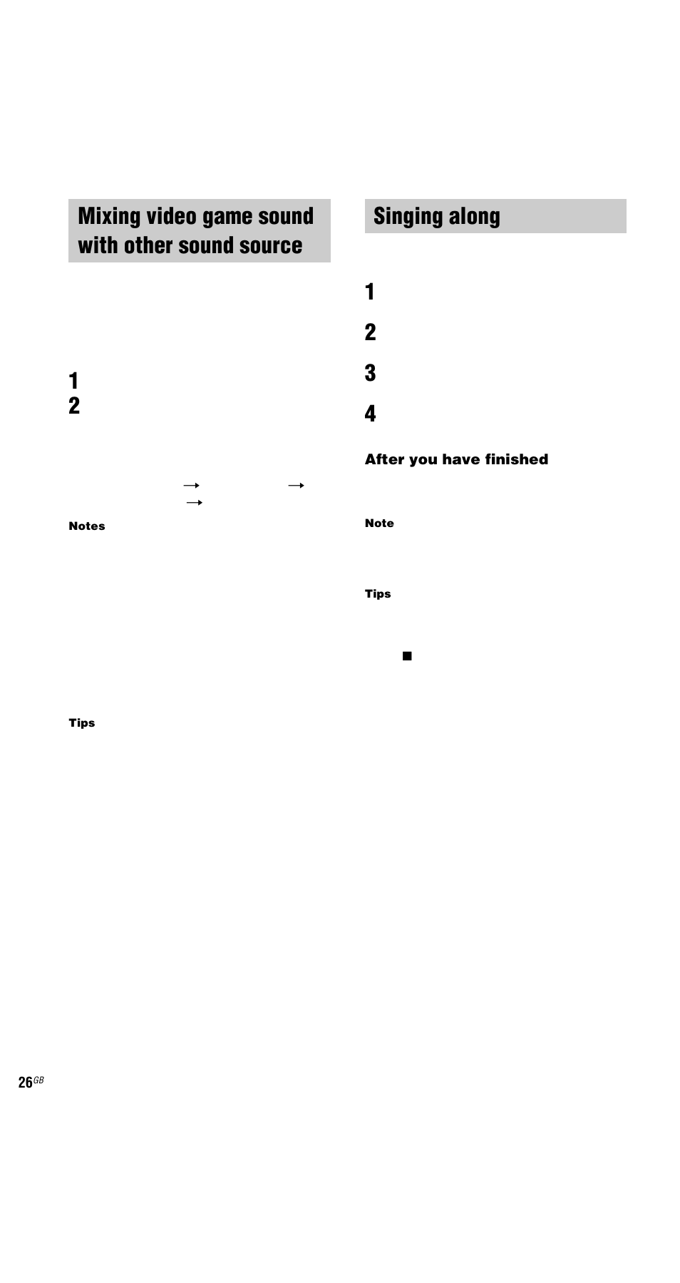Mixing video game sound with other sound source, Game mixing, Singing along | Mixing video game sound with other, Sound source — game mixing | Sony MHC-GX9000 User Manual | Page 26 / 48