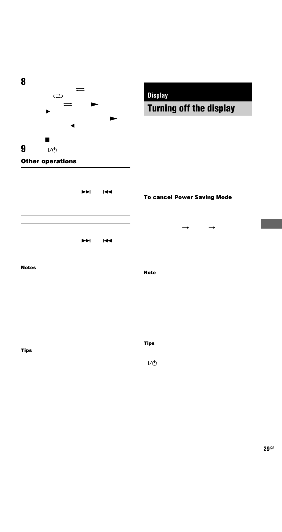 Display, Turning off the display, Power saving mode | Sony MHC-GX9000 User Manual | Page 29 / 48