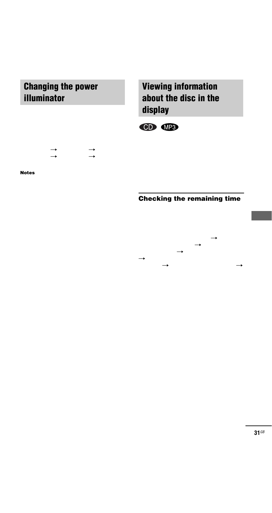 Changing the power illuminator, Viewing information about the disc in the display, In the display | Checking the remaining time | Sony MHC-GX9000 User Manual | Page 31 / 48