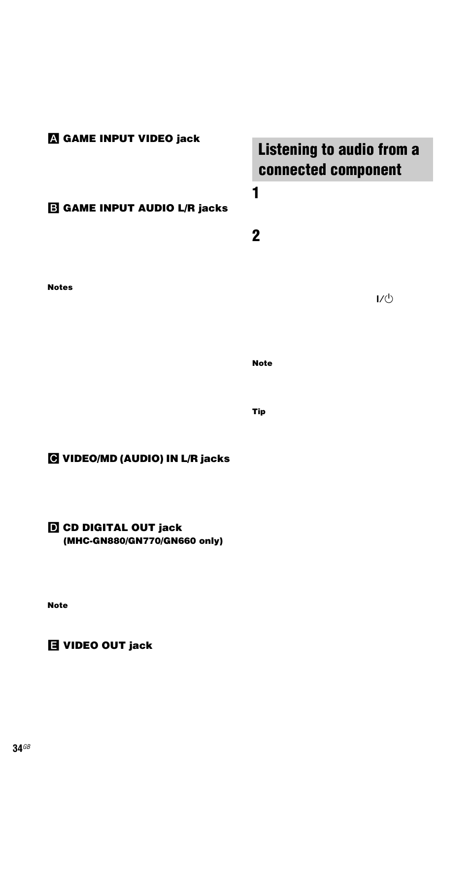 Listening to audio from a connected component, Listening to audio from a connected, Component | Sony MHC-GX9000 User Manual | Page 34 / 48