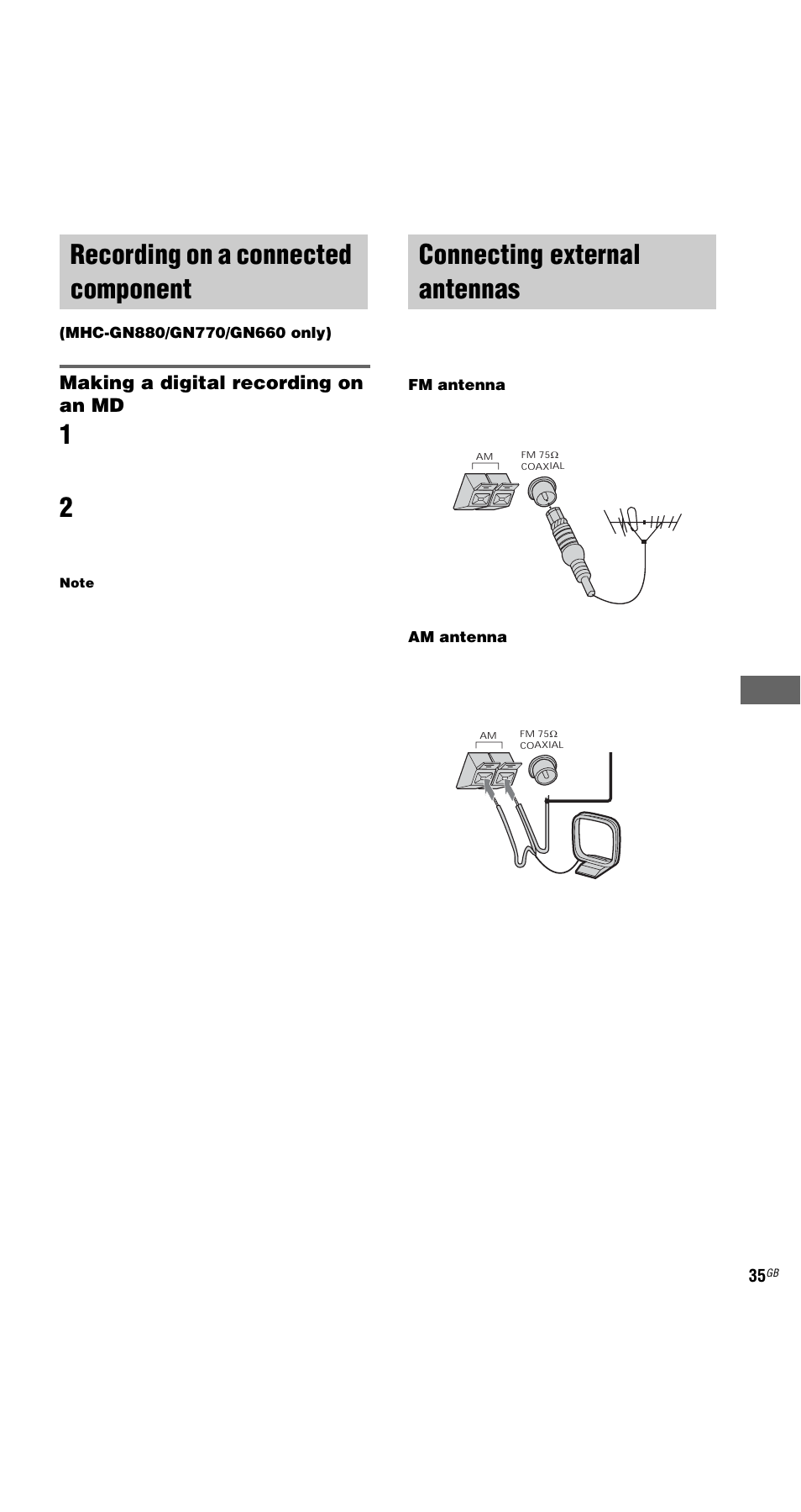 Recording on a connected component, Connecting external antennas, Making a digital recording on an md | Sony MHC-GX9000 User Manual | Page 35 / 48